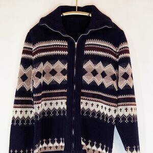 Vintage Chunky Knit Zip Up Sweater Mens Nordic Ski Pattern Blue Burgundy